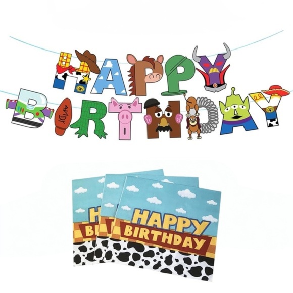 Cartoon Story Birthday Banner &‎ Cow Print Napkins Set - Picture 1 of 10